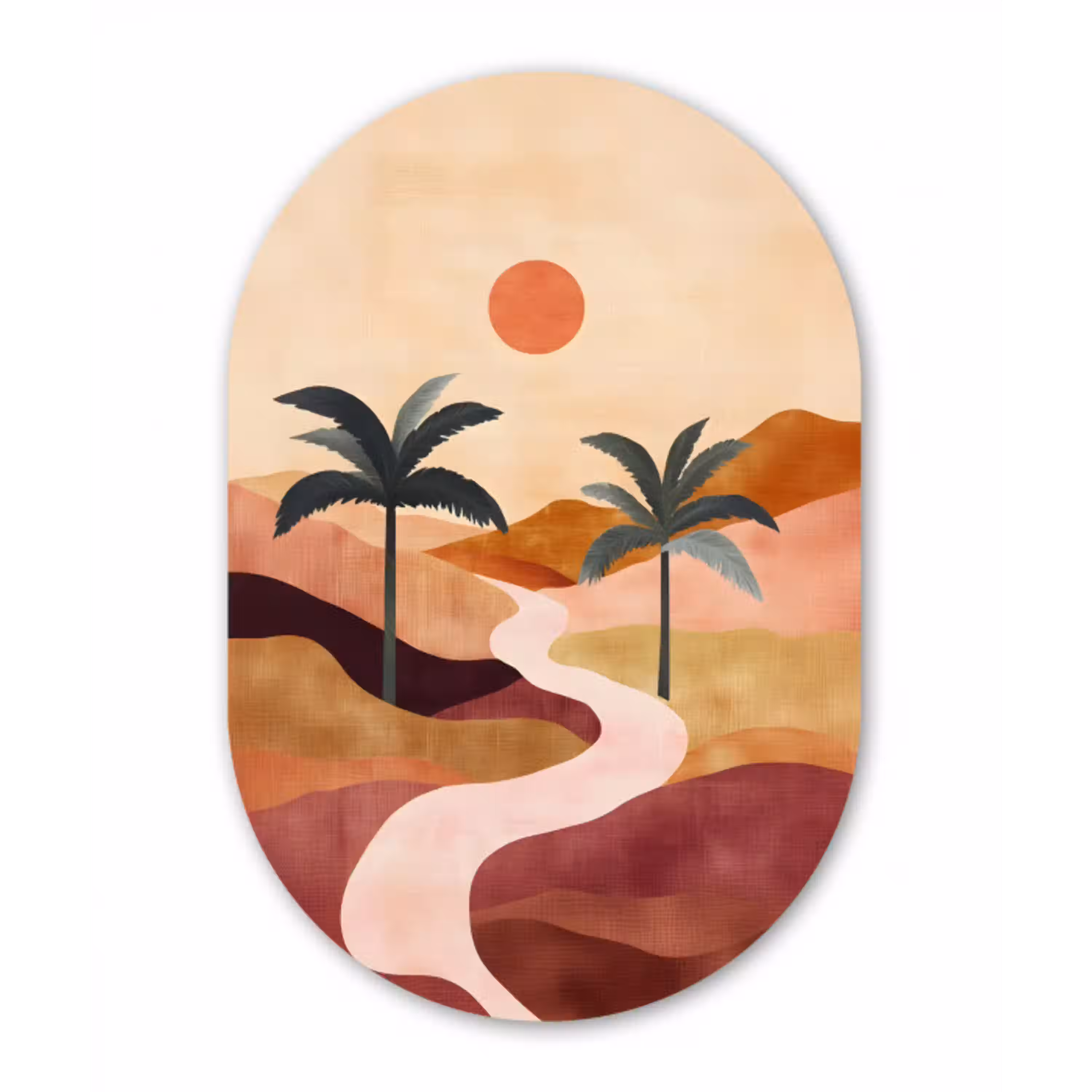 Heuvels - Palmbomen - Abstract Wandcirkel Ovaal Glas middel -3d