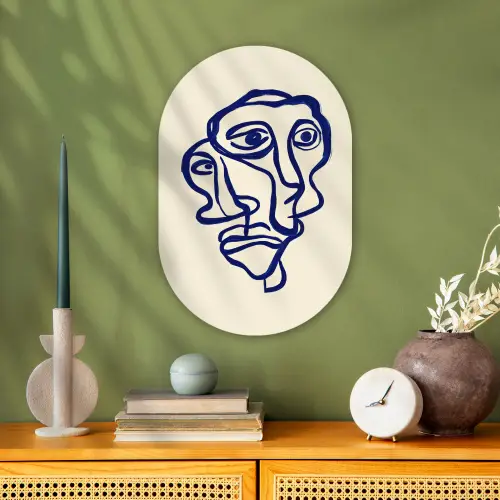 Lijntekening - Overlappende gezichten - Donkerblauw Wandcirkel Ovaal Forex klein -sfeer2