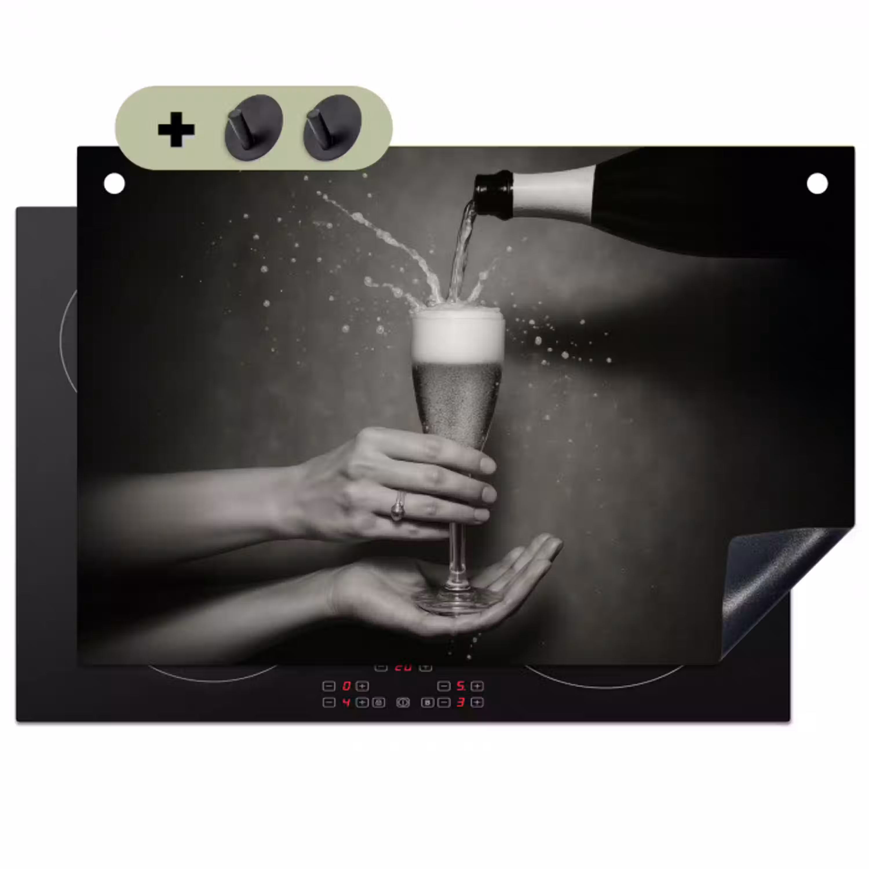 Champagnefles - Glas - Minimalistisch - Spetters Inductie beschemer met haakjes klein -3d