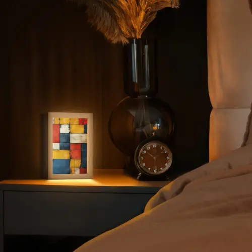 Mondriaan stijl - Kunst - Kleurrijk - Modern Light Box met kabel (Tafellamp) klein -sfeer1