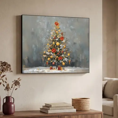 Kerstboom - Cadeaus - Rood - Goud Textielframe zwart klein -sfeer3
