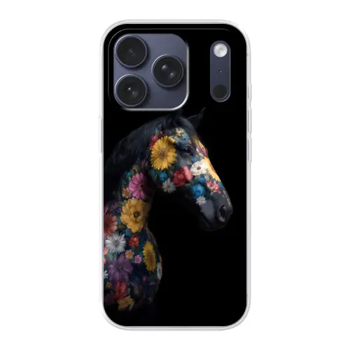 Paard - Bloemen - Zwart Telefoonhoesje iPhone 17 Pro klein -3d