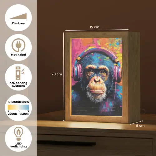 Graffiti - Chimpansee - Street art - Koptelefoon - Aap Light Box met kabel (Tafellamp) klein -USP_NL