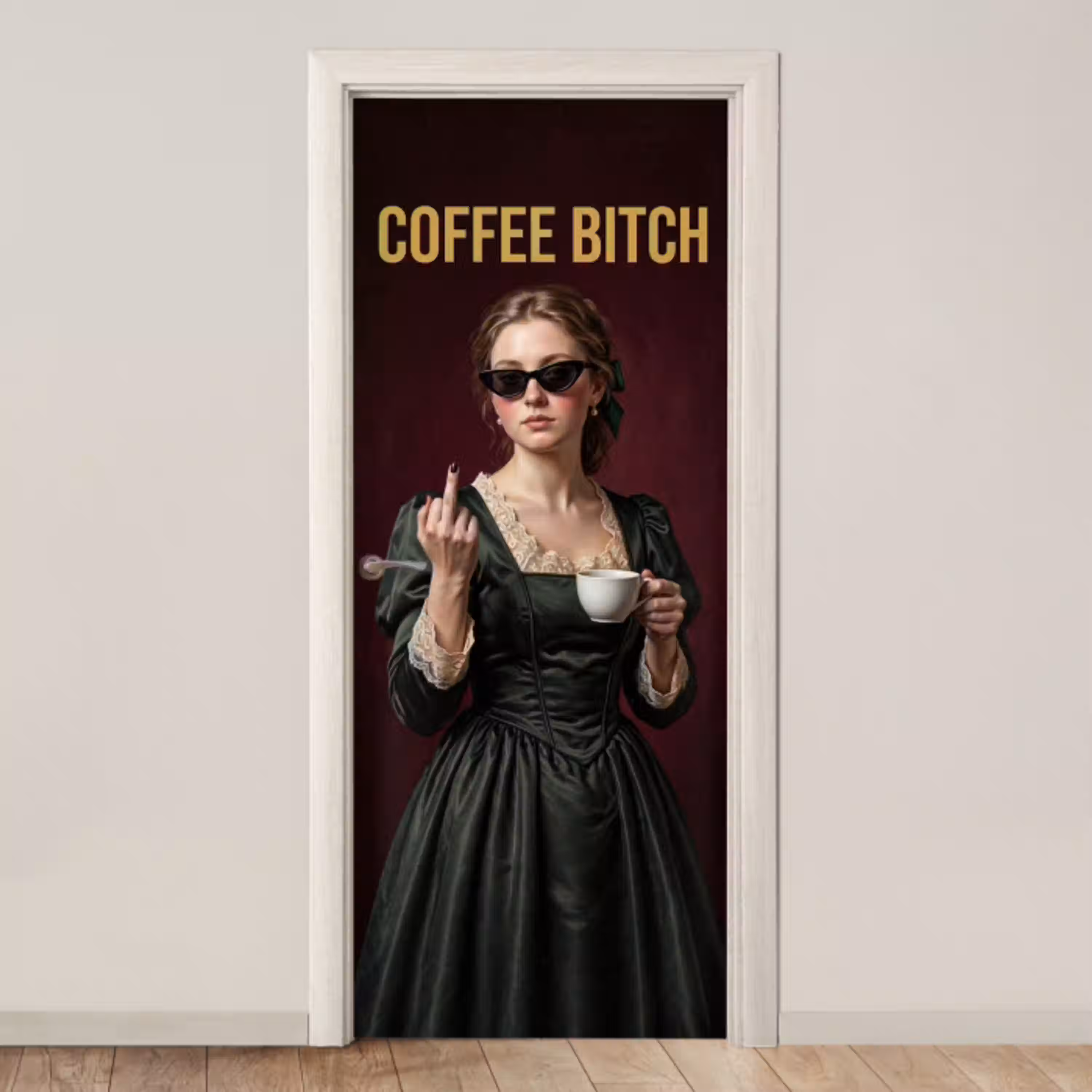 Koffie - Vrouw - Middelvinger deurposter klein -3d_beige