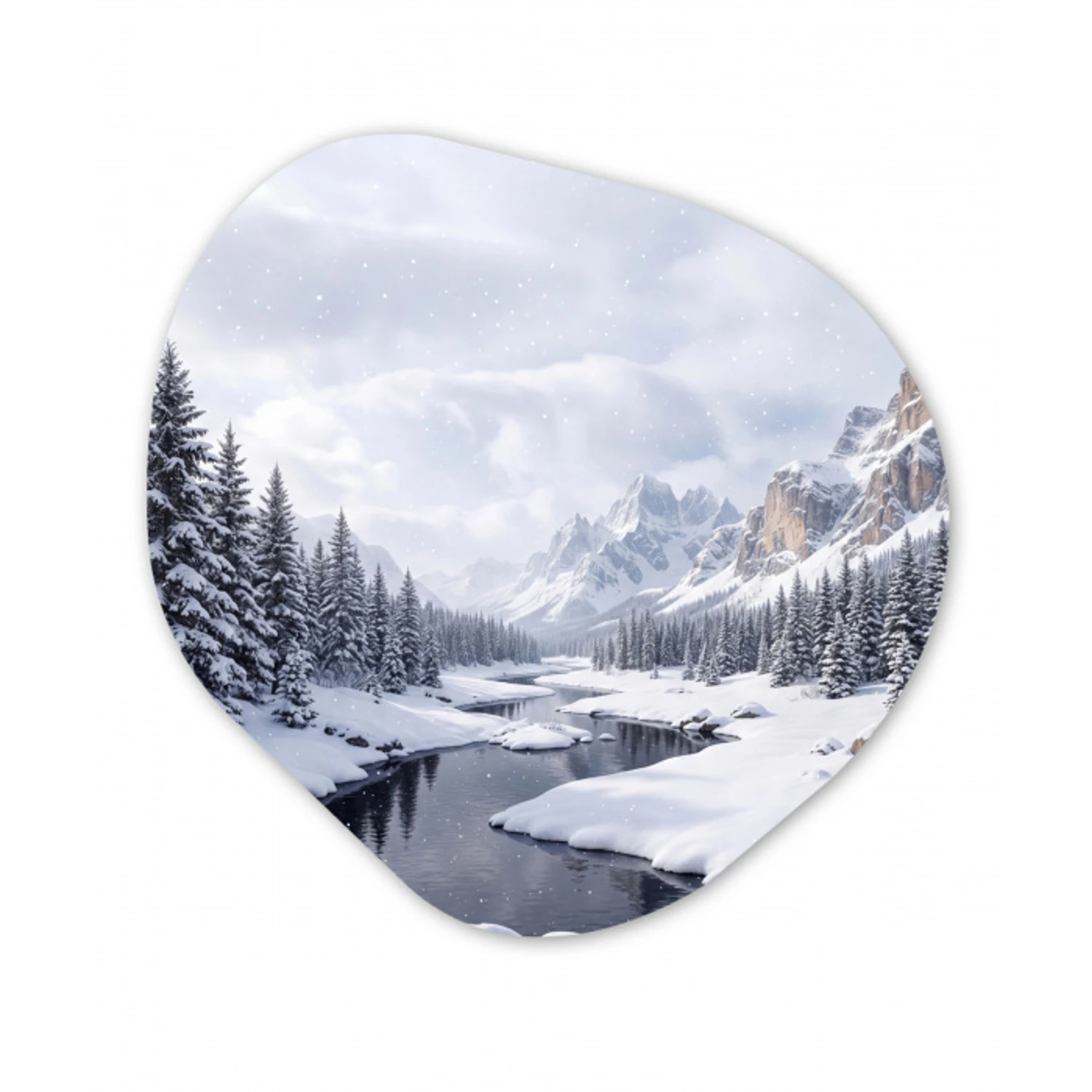 Sneeuwlandschap - Bergen - Rivier - Winter Wandcirkel Organisch Aluminium middel -3d