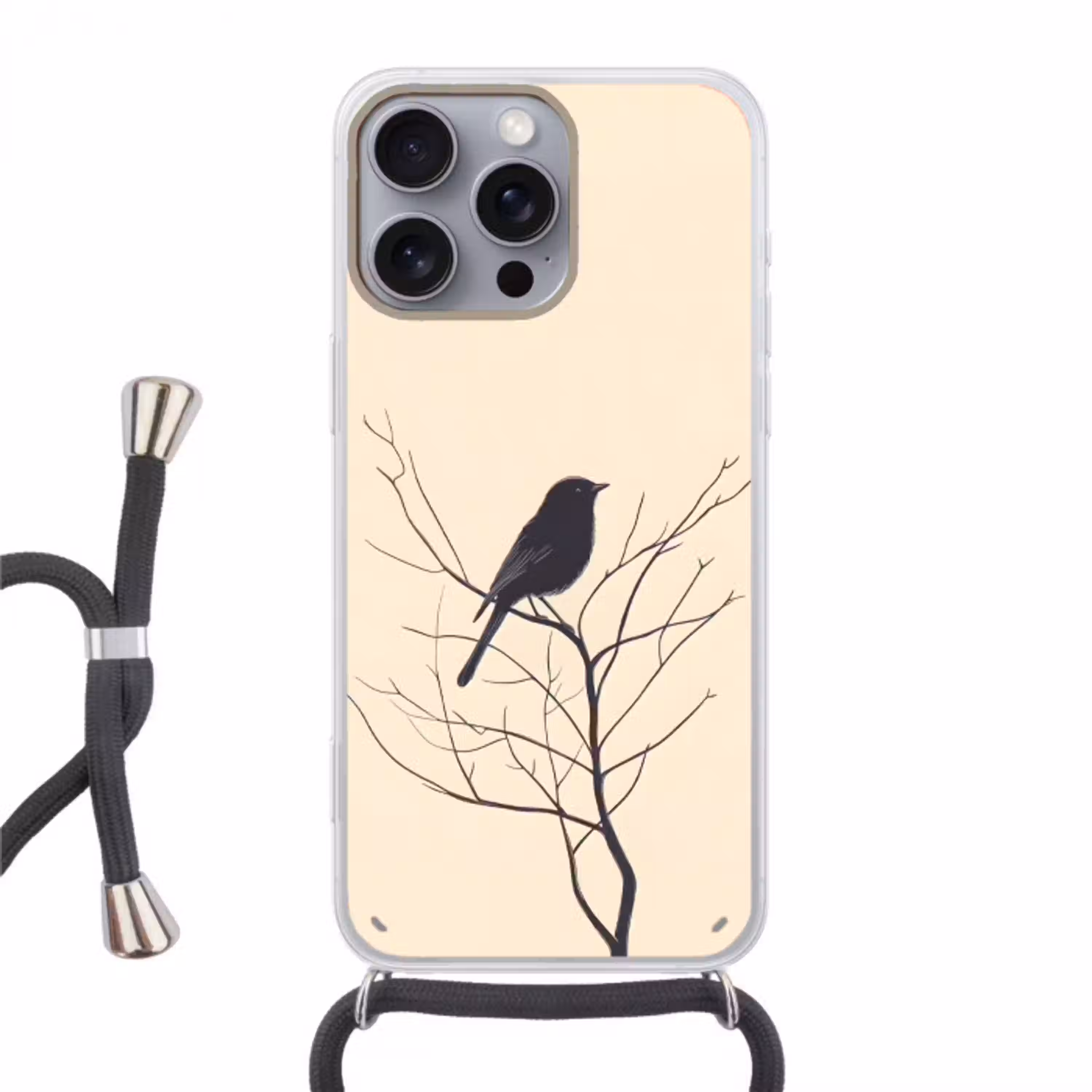 Vogel - Zwart - Tak - Minimalistisch Hoesje iPhone 16 Pro Max met koord klein -3d