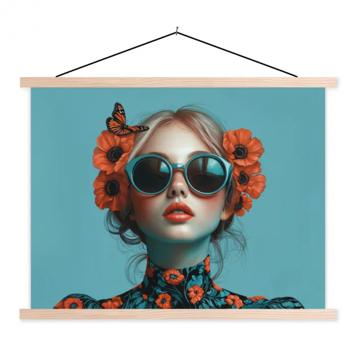 Vrouw - Blauw - Vlinder - Bloemen - Aesthetic textielposter latten blank klein -3d