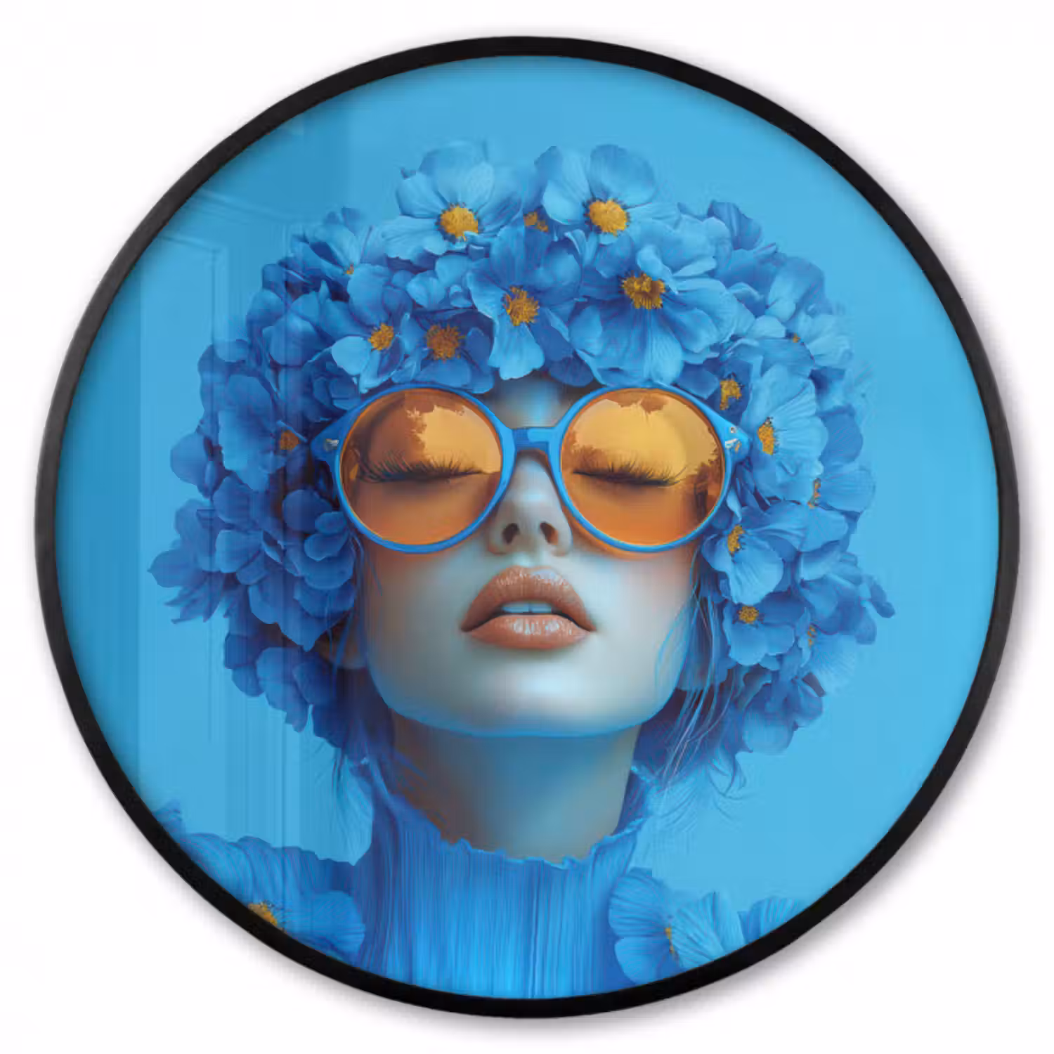 Poster im Rahmen Rund - Frau - Blume - Blau - Modern - Brille - Porträt