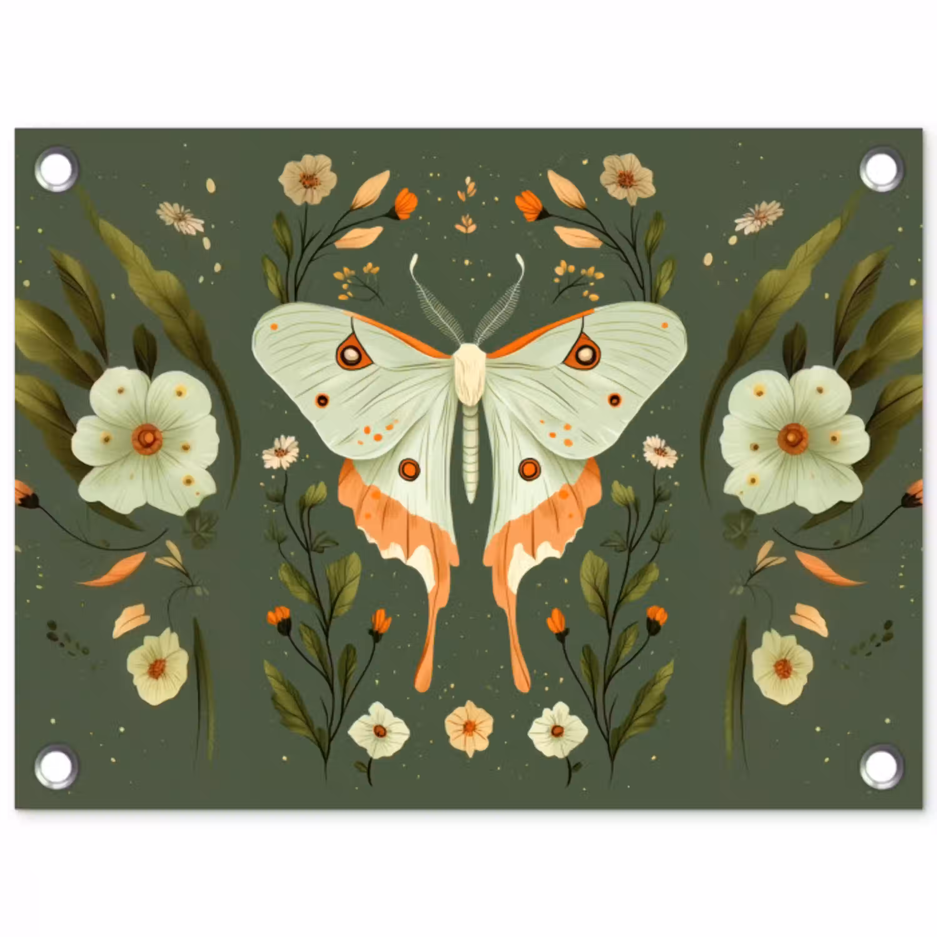 Bloemen - Bladeren - Olijfgroen - Vlinder tuinposter los doek klein -3d