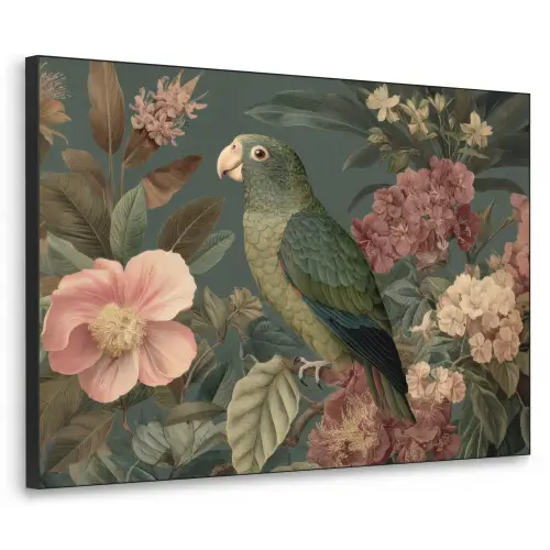 Groene papegaai - Kleurrijke bloemen - Donkere achtergrond Textielframe - compleet frame klein -3d