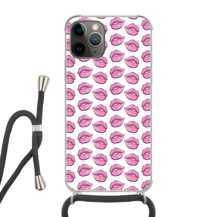 Lippen - Patroon - Roze - Wit Hoesje iPhone 12 Pro met koord klein -3d