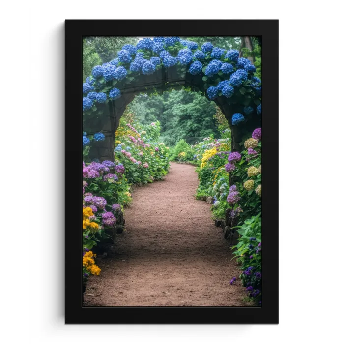 Doorkijk - Bloemen - Hortensia - Pad fotolijst zwart zonder passe partout klein -3d