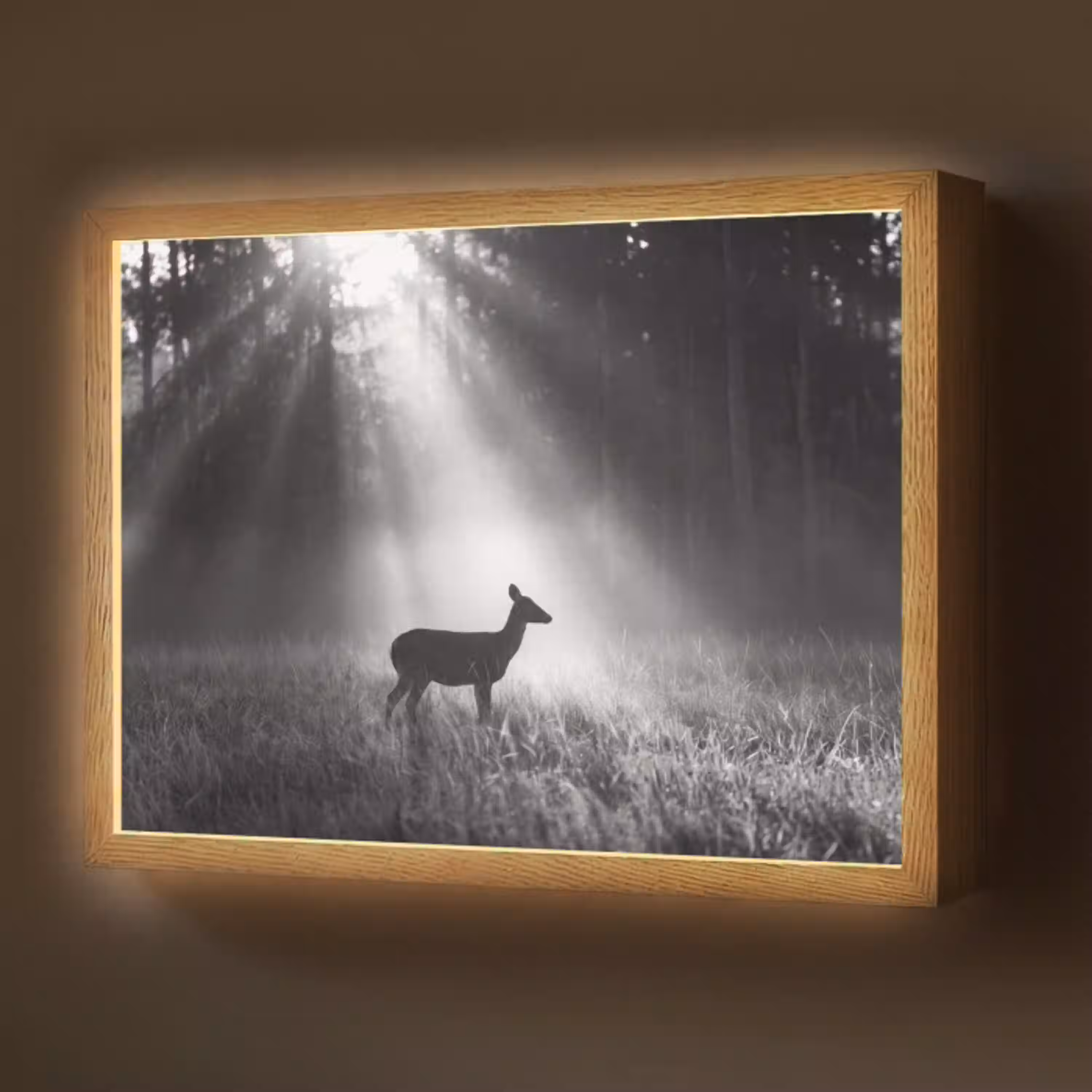 Hert - Bos - Zonnestralen - Zwart-wit - Natuur Light Box met batterij (Wandlamp) middel -z3d_website