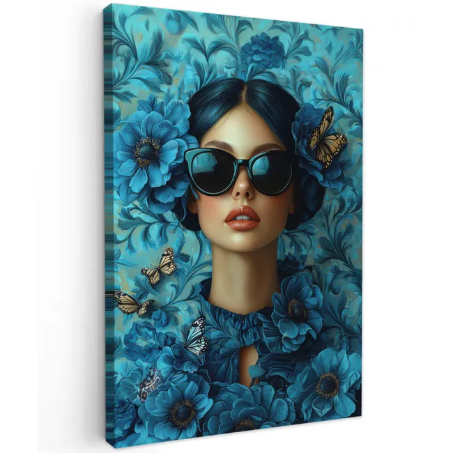 Vrouw - Bloemen - Vlinders - Blauw - Abstract Tuinposter op houten frame 2 cm dik klein -3d