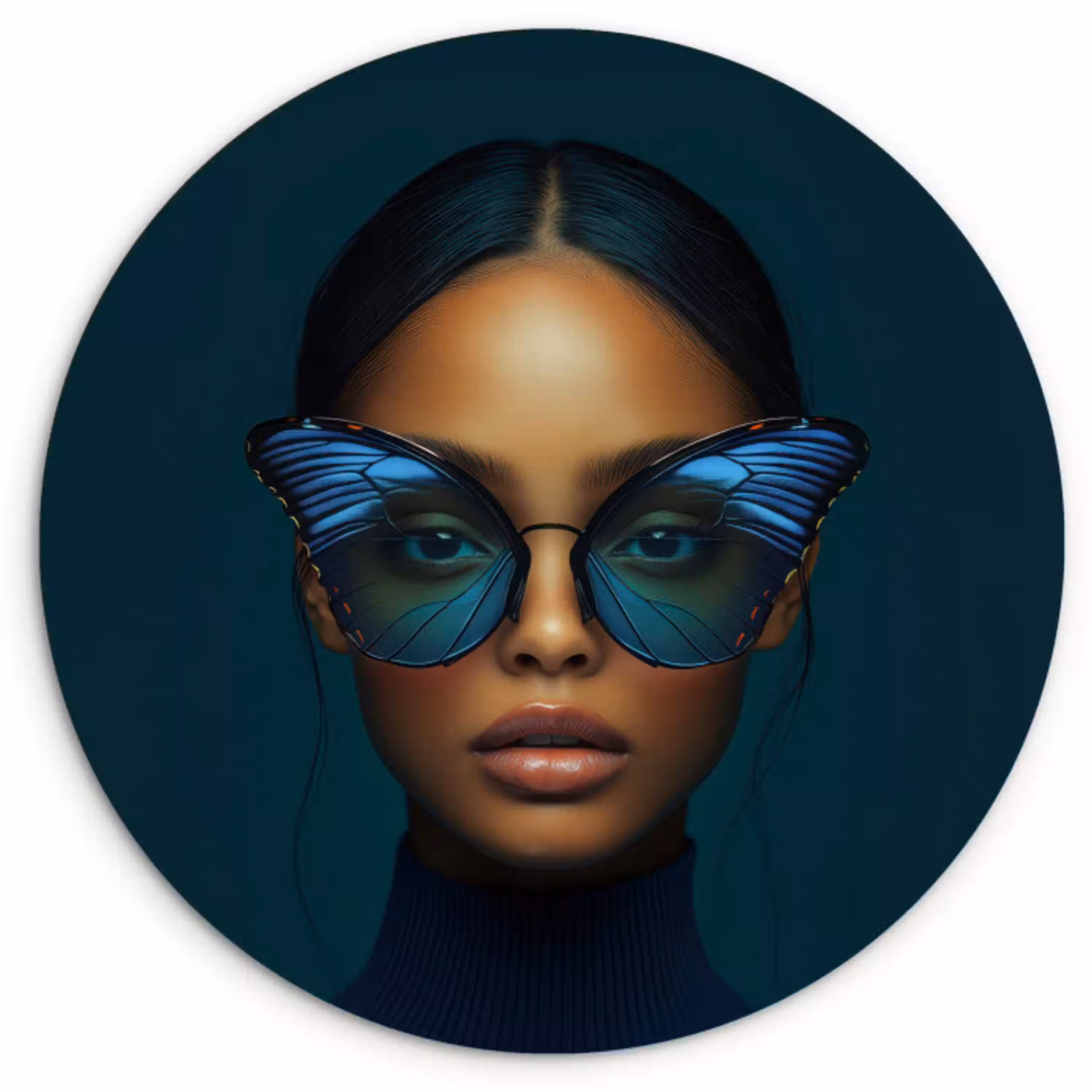Vrouw - Vlinder - Bril - Blauw - Modern - Portret Wandcirkel kunststof plaat 5mm dik klein -3d