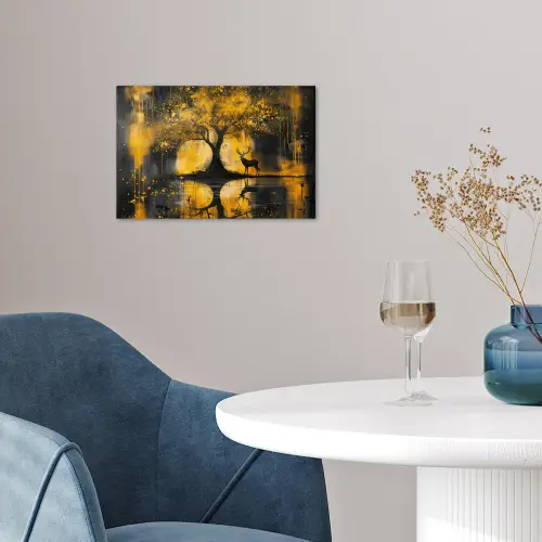 Boom - Verflook - Hert - Natuur - Goud poster papier klein -sfeer3