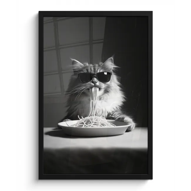 Poster met lijst - Langharige kat - Zonnebril - Spaghetti - Humor - Zwart - wit
