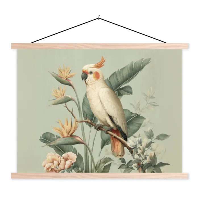Gele kuifkaketoe - paradijsvogelbloemen - Groen textielposter latten blank klein -3d