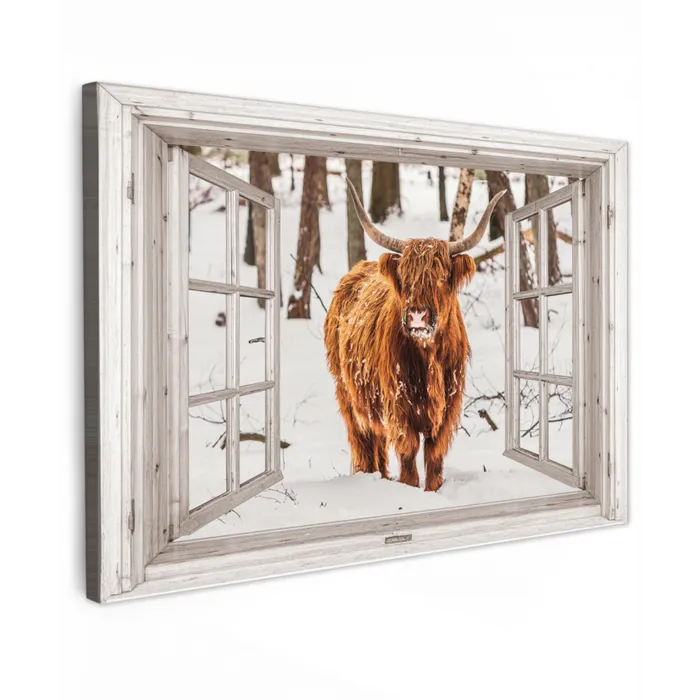 Schotse Hooglander - Sneeuw - Winter - Natuur - Dier - Doorkijk - Landelijk Tuinposter op houten frame 2 cm dik klein -3d