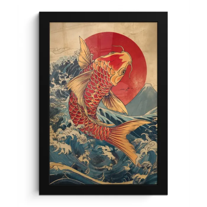 Koi - Zee - Golven - Zon fotolijst zwart zonder passe partout klein -3d