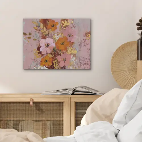 Schilderij - Bloemen - Rustiek - Roze PET vilt klein -sfeer3