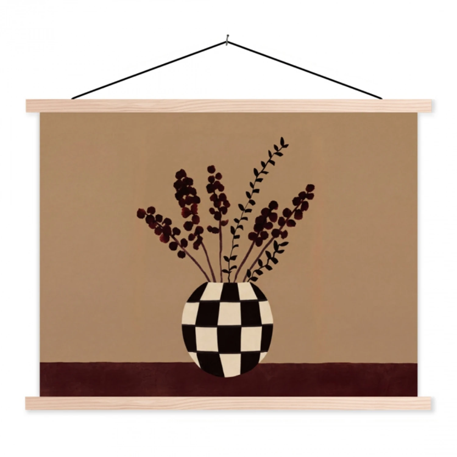 Minimalistisch - Vaas - Bloemen - Bruin textielposter latten blank klein -3d