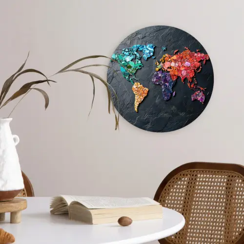 Wereldkaart - Edelstenen - Regenboog - Ruw Wandcirkel kunststof plaat 5mm dik klein -sfeer4