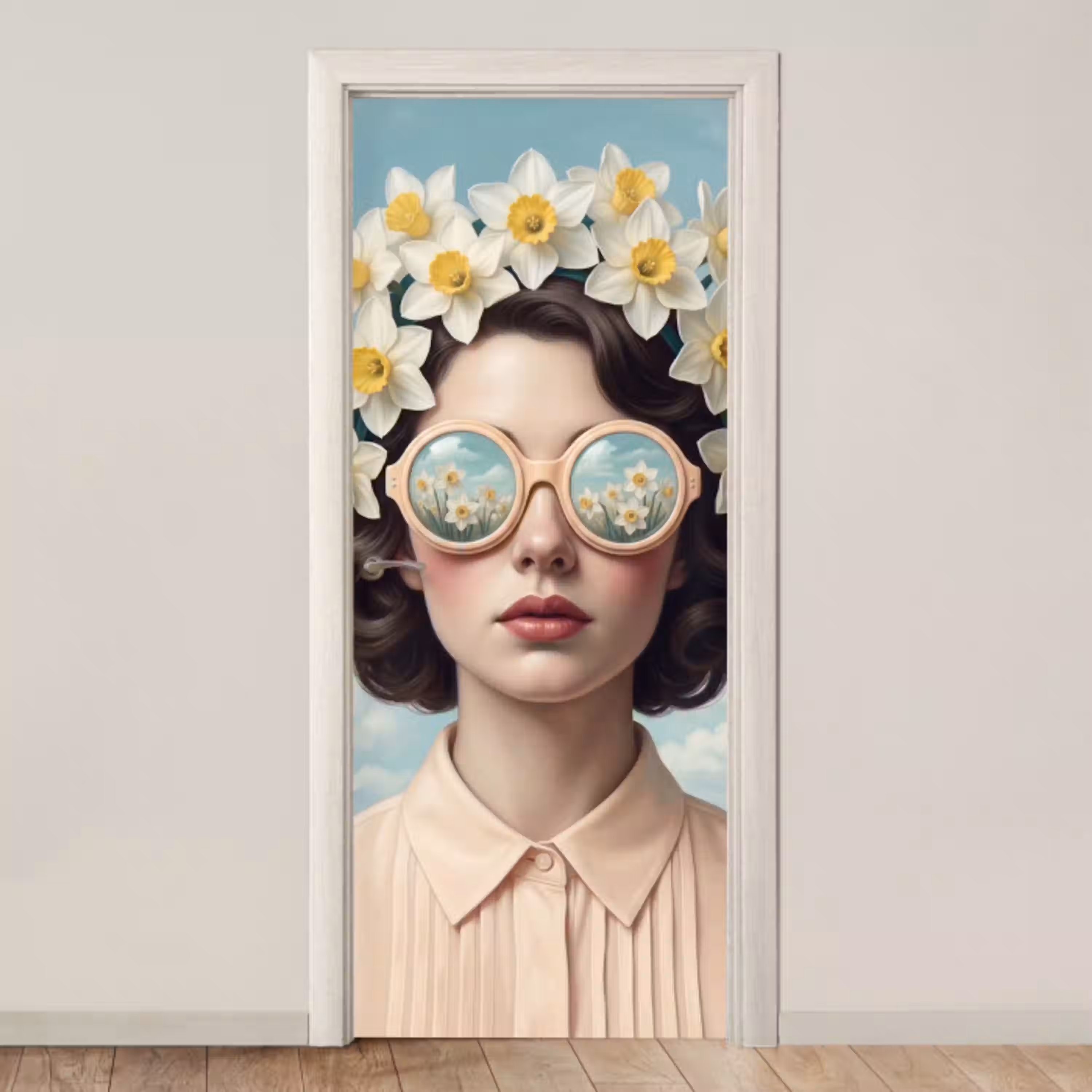 Vrouw - Narcissen - Geel deurposter klein -3d_beige