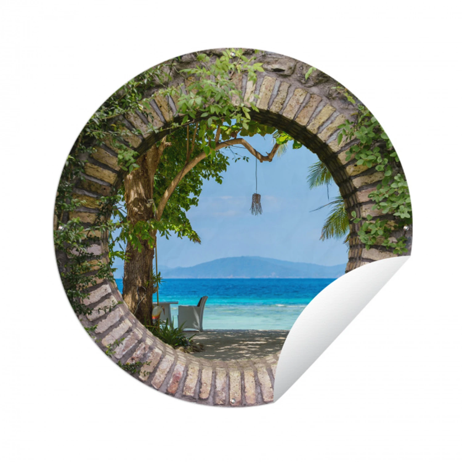 Strand - Doorkijk - Tropisch -  Strandstoel Wandcirkel tuinposter met ringen klein -3d