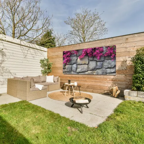 Bougainvillea - Stenen Muur - Roze Tuinposter op houten frame 2 cm dik xxl -sfeer2
