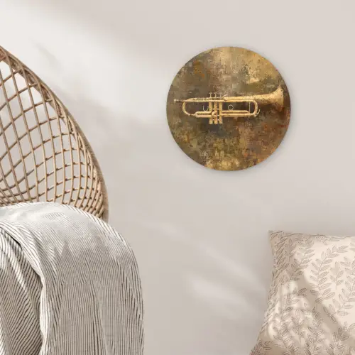 Trompet - Geel - Muzikaal Wandcirkel kunststof plaat 5mm dik klein -sfeer5