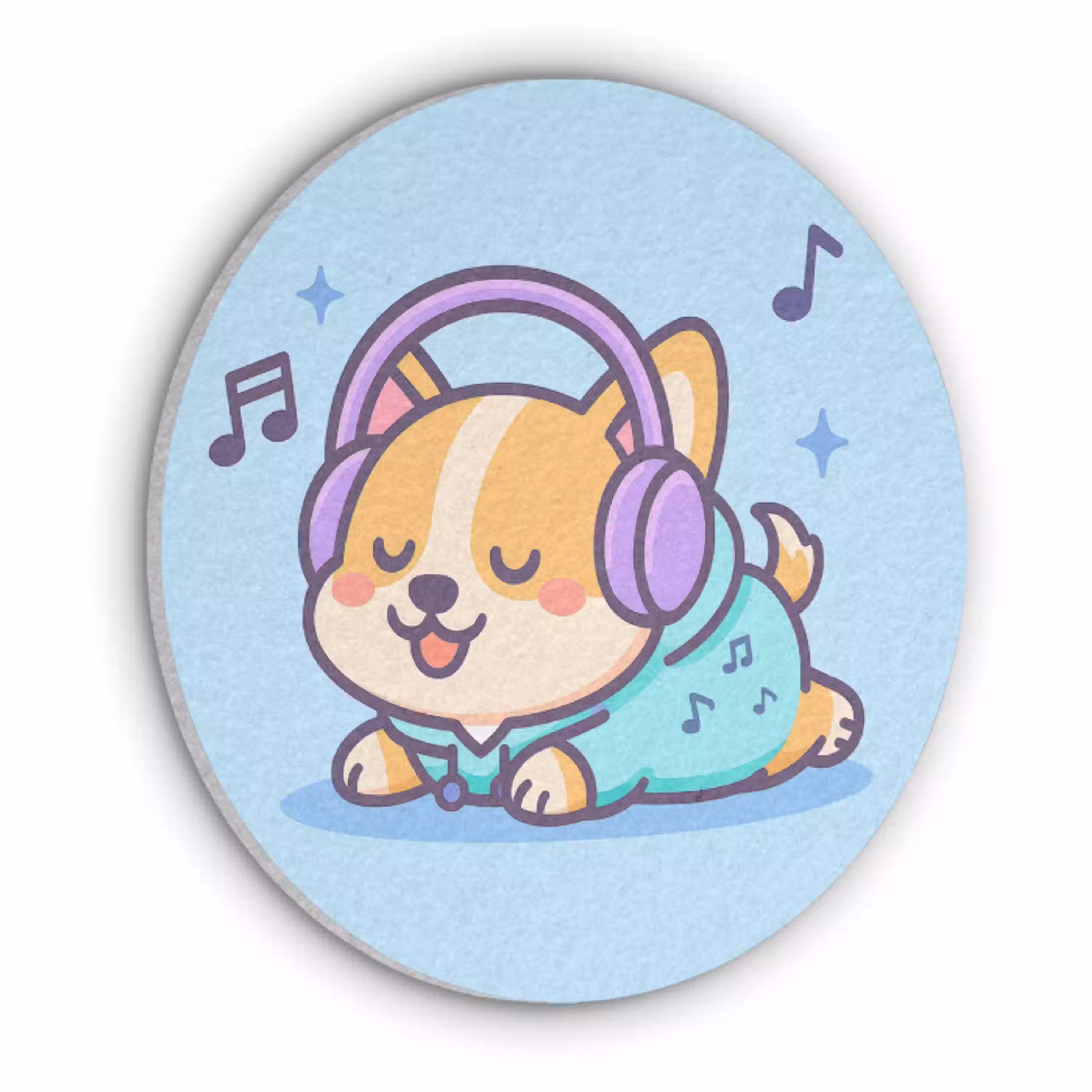 Corgi - Koptelefoon - Blauw - Muzieknoten Akoestische PET Vilt - Rond klein -3d