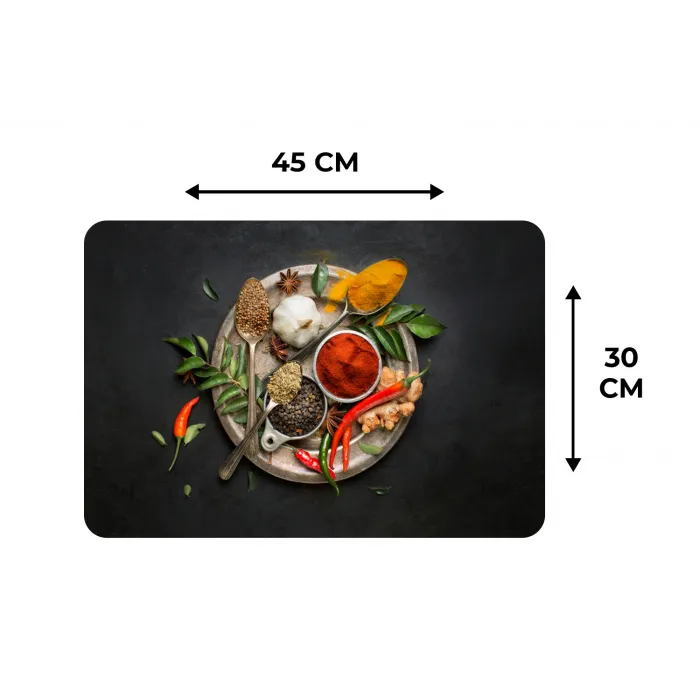 Kruiden - Bord - Peper - Zwart - Lepels - Zilver Placemat vinyl groot -specs