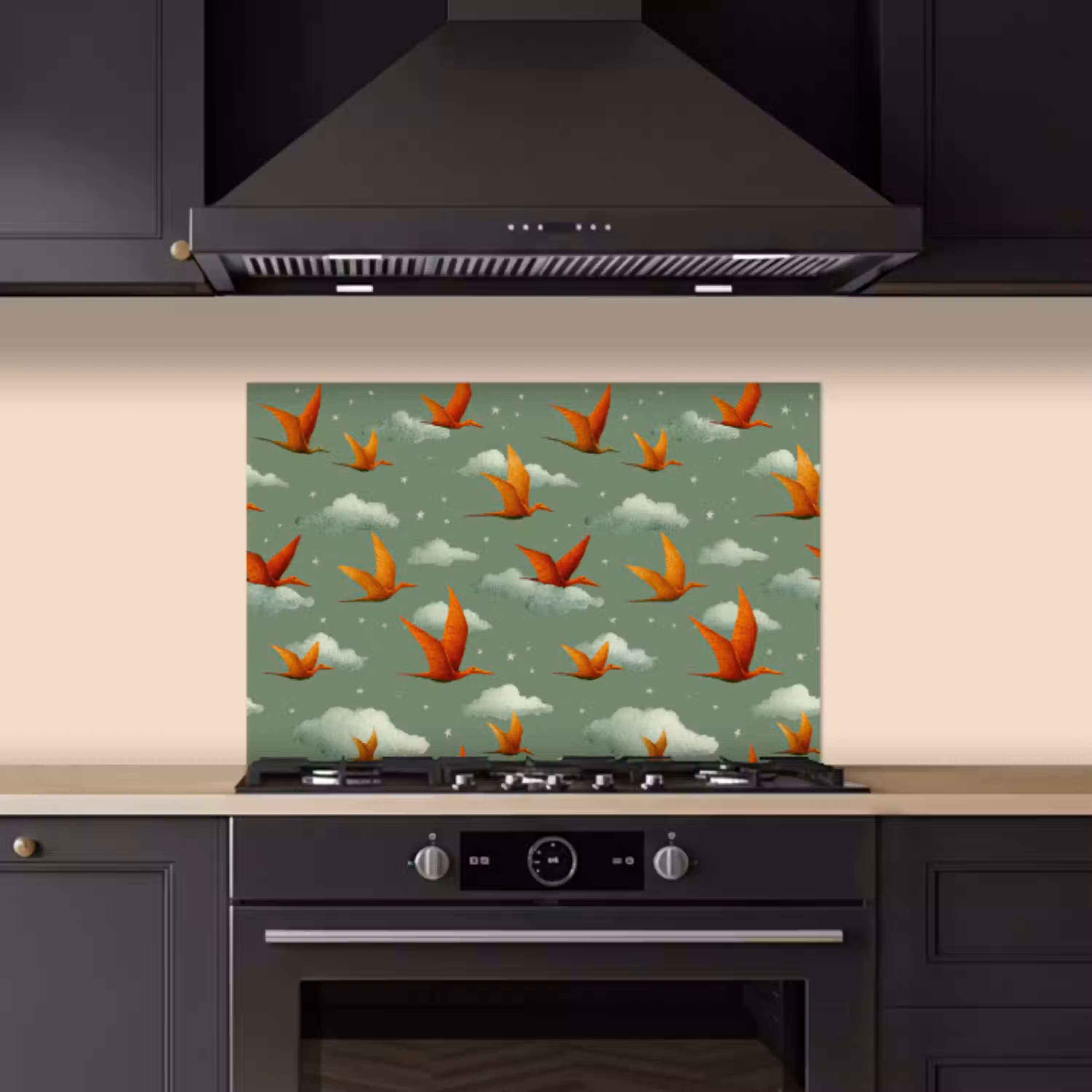 Dinosaurussen - Wolken - Sterren - Oranje keuken achterwand spatscherm klein -sfeer1