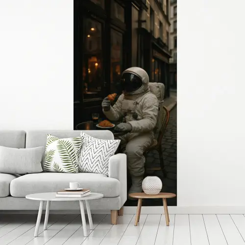 Café - Croissant - Koffie - Astronaut fotobehang vinyl groot -woonkamer