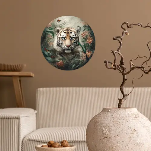 Tijger - Vlinders - Dieren - Jungle - Bloemen Wandcirkel behangsticker klein -sfeer1