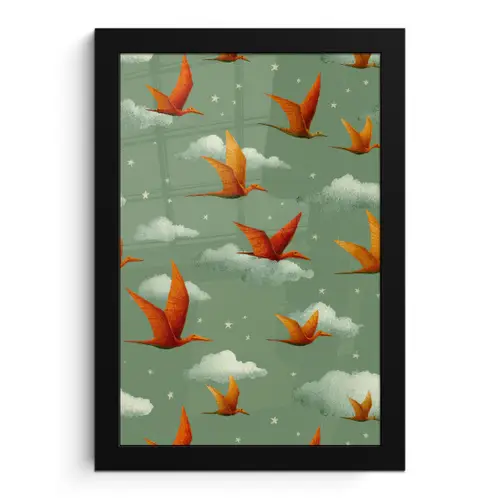 Dinosaurussen - Wolken - Sterren - Oranje fotolijst zwart zonder passe partout klein -3d