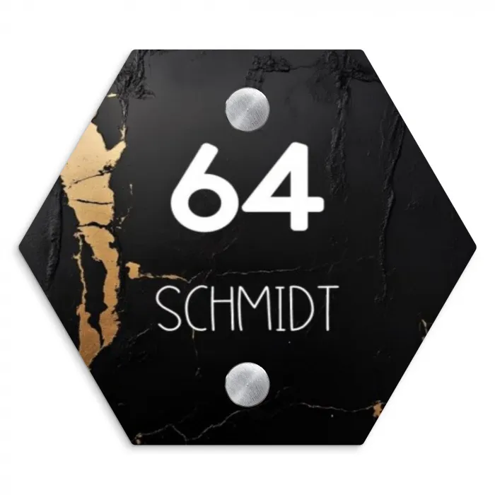 Zwart goud structuur - Modern Naambord Hexagon klein -3d