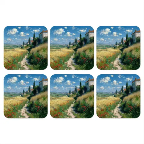 Zandpad - Huis - Bomen - Grasveld onderzetter kurk middel -3d