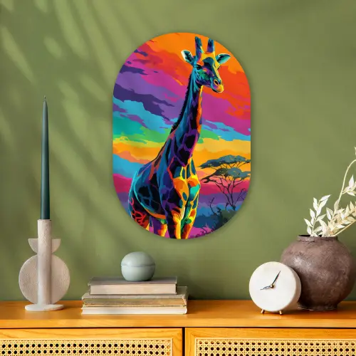 Giraffe - Savanna - Lucht - Gekleurd Wandcirkel Ovaal Forex klein -sfeer2