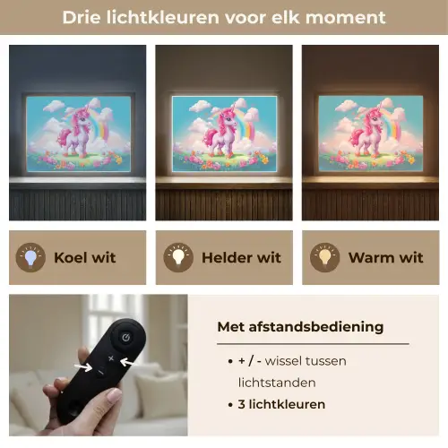 Unicorn - Meisjes - Bloemen - Regenboog - Eenhoorn Light Box met batterij (Wandlamp kind) middel -USP_lichtkleurNL