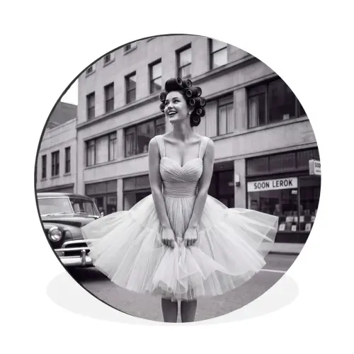 Retro - Vrouw - Zwart - Wit Wandcirkel aluminium klein -3d
