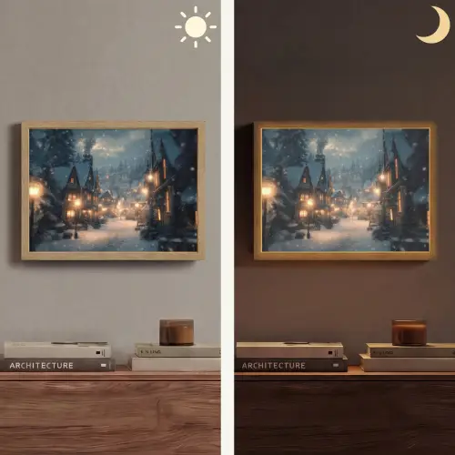 Winterdorp - Sneeuw - Donker Light Box met batterij (Wandlamp) middel -sfeer3