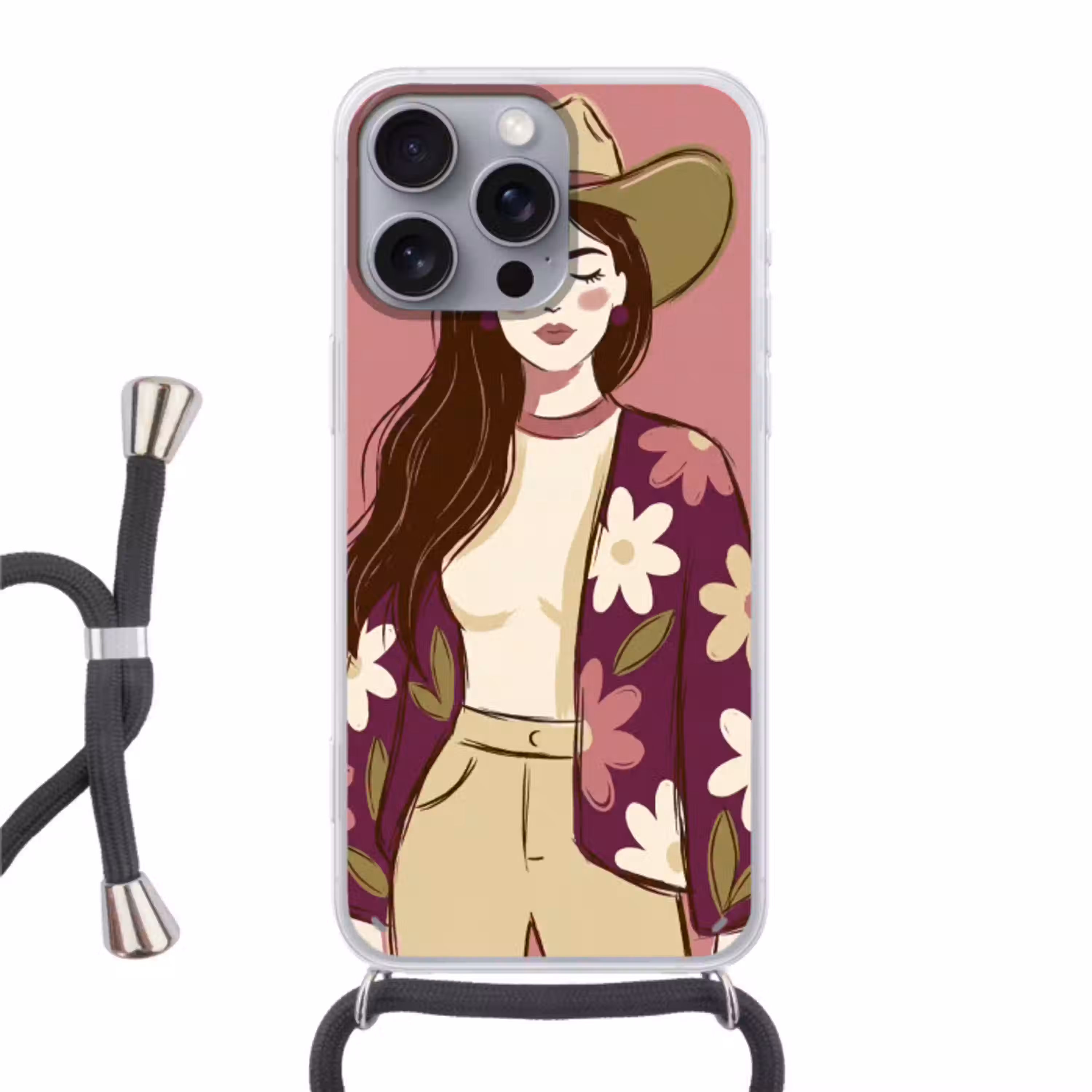 Vrouw - Hoed - Portret - Illustratie - Roze Hoesje iPhone 16 Pro Max met koord klein -3d