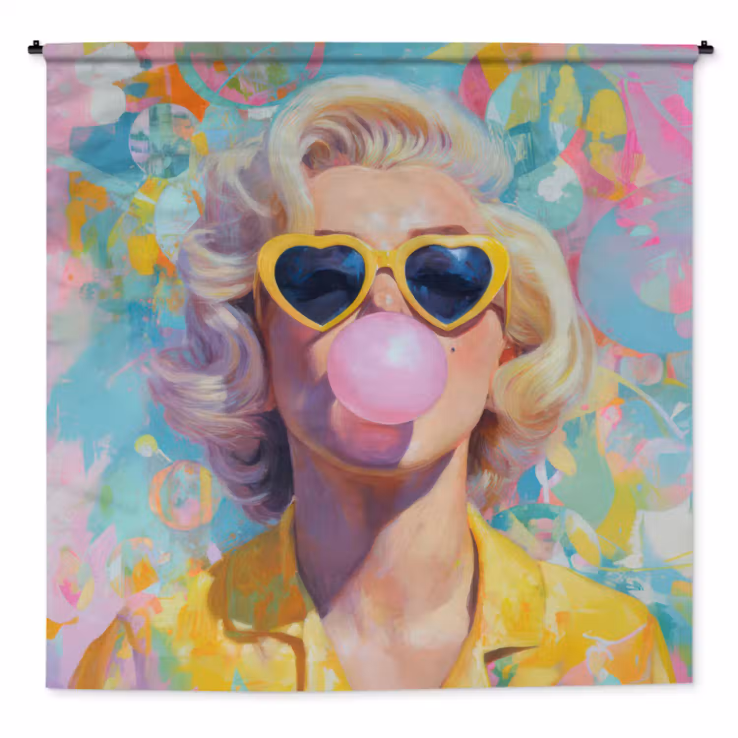 Wandkleed - Vrouw - Blond - Roze kauwgom - Kleurrijk - Pastel