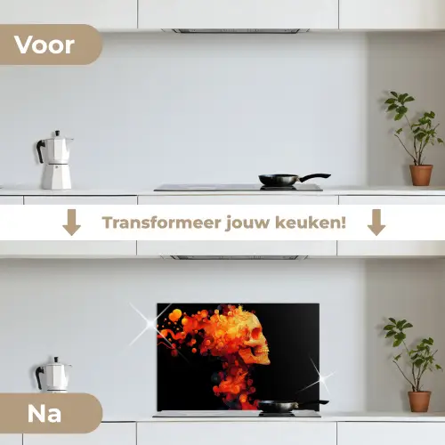 Schedel - Oranje - Zijaanzicht - Vlammen keuken achterwand spatscherm klein -voor_na_NL