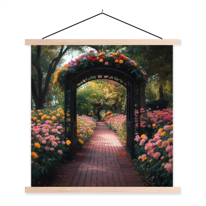 Doorkijk - Bloemen - Pad - Natuur - Kleurrijk textielposter latten blank klein -3d