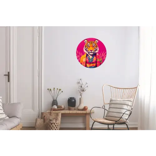 Tijger - Kimono - Planten - Roze Wandcirkel aluminium klein -woonkamer