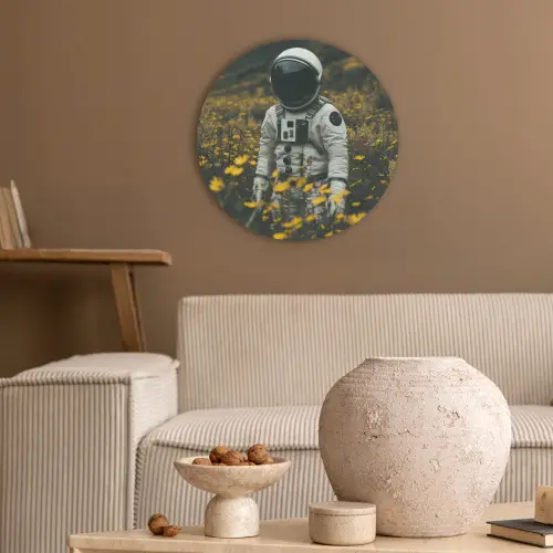 Astronaut - Bloemen - Veld - Geel Akoestische PET Vilt - Rond klein -sfeer1