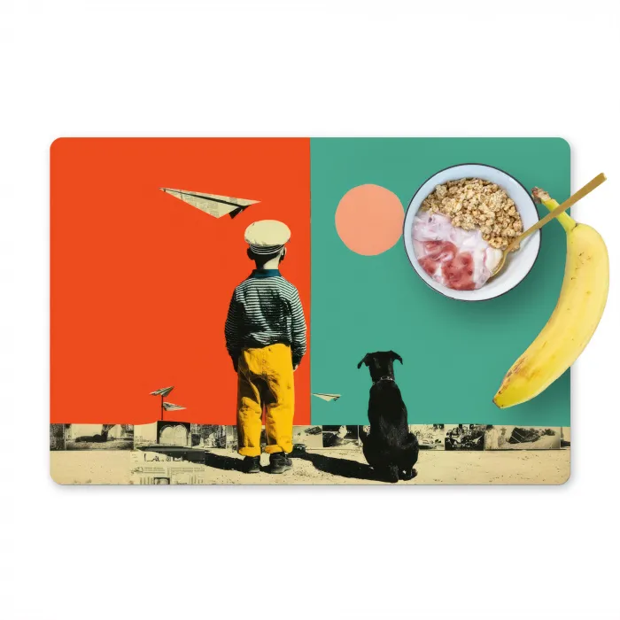 Retro - Jongen - Hond - Rood - Groen Placemat vinyl groot -zzzproduct_Kitchenyeah-website